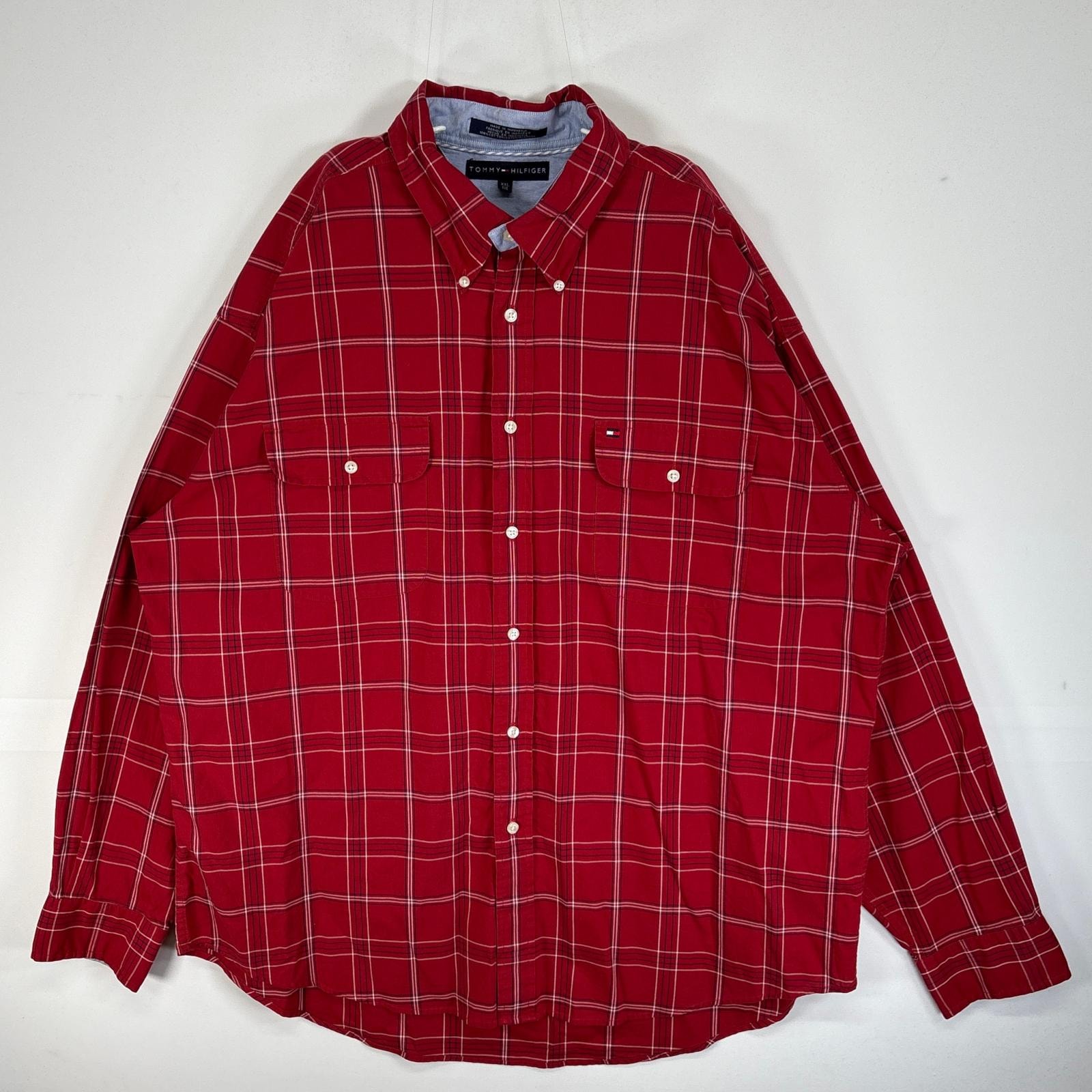 古着 トミーヒルフィガー TOMMY HILFIGER 長袖シャツ チェック フラップポケ ロゴ 刺繍 14041  レッド系 マルチカラー メンズ
