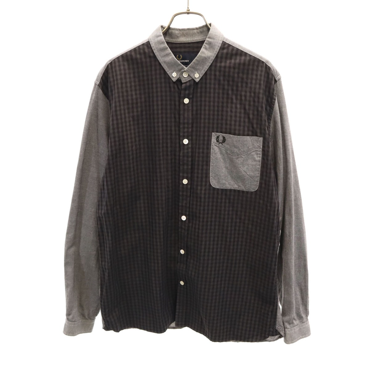 FRED PERRY フレッドペリー チェック切替 長袖 スリムフィット ボタンダウンシャツ M グレー