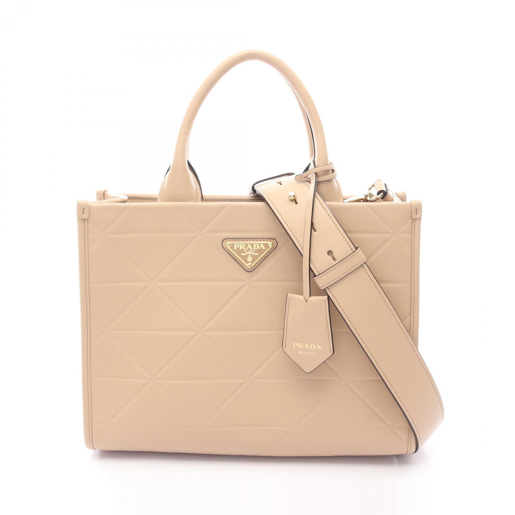 プラダ PRADA シンボル トップステッチ SOFT CALF トートバッグ バッグ レザー レディース ベージュ系 1BA379 【中古】