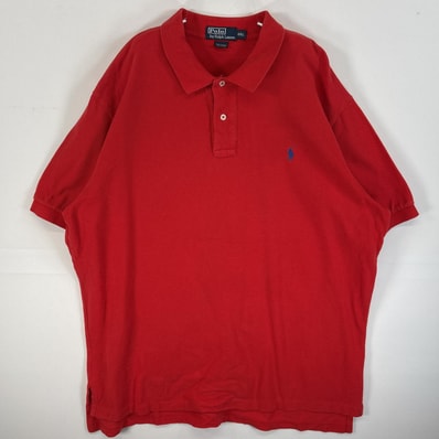 古着 90's/90年代 ポロバイラルフローレン Polo by Ralph Lauren 鹿の子 半袖 ポロシャツ ワンポイント ロゴ 刺繍 大きいサイズ 2ボタン 14041 レッド 無地 メンズ