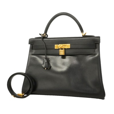 ★SALE【6ie7162】エルメス ハンドバッグ ケリー32 ボックスカーフ ブラック ゴールド金具 □D刻印 2wayバッグ【中古】レディース