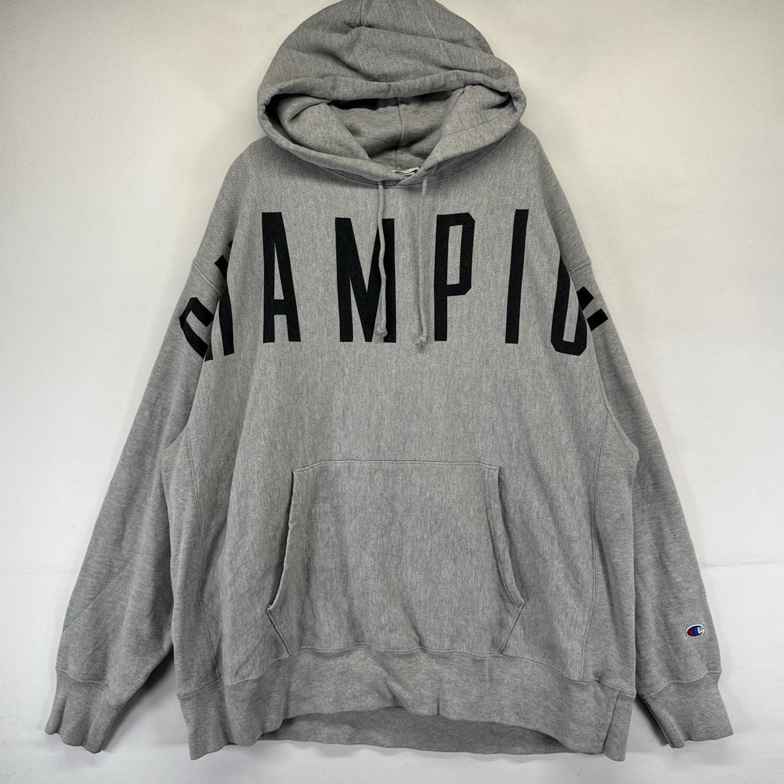 古着 チャンピオン Champion パーカー リバースウィーブ プリント ビッグロゴ スウェット フーディー プルオーバー 2XL  グレー系 メンズ