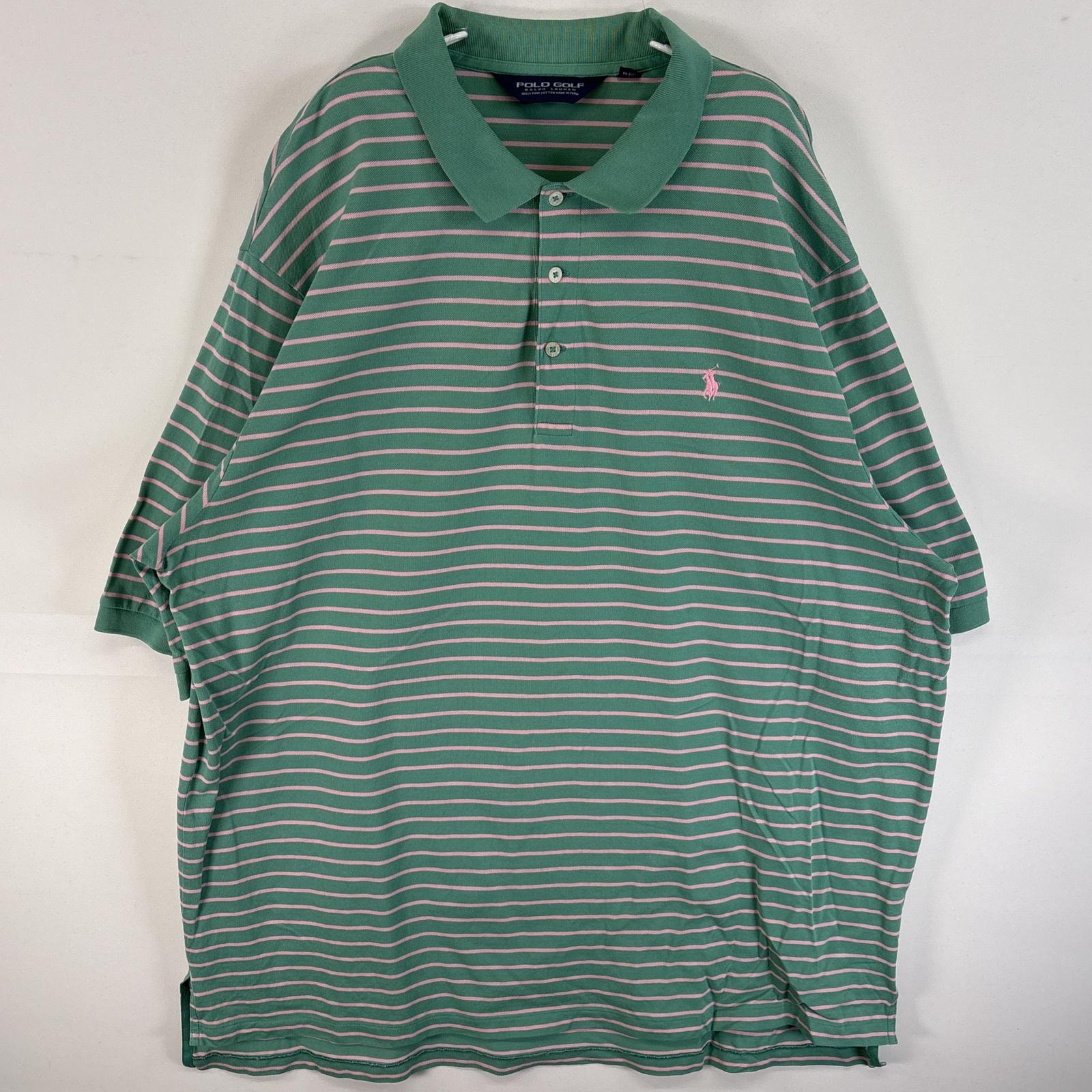 古着 90's/90年代 ラルフローレン RALPH LAUREN 鹿の子 半袖 ポロシャツ ワンポイント ロゴ 刺繍 大きいサイズ PIMA COTTON 14041  グリーン系 ボーダー メンズ