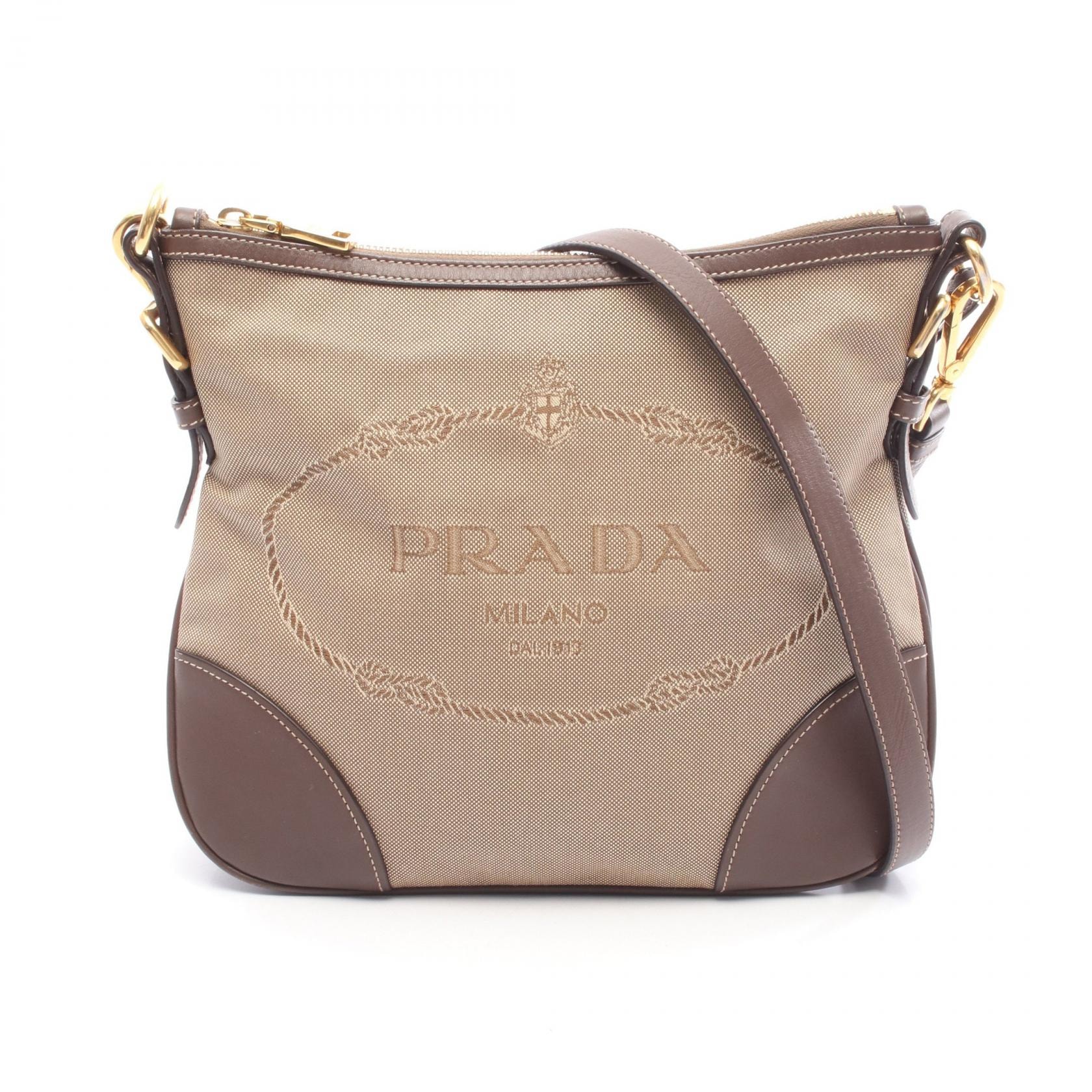 プラダ PRADA LOGO JACQUARD ロゴ ジャガード ショルダーバッグ バッグ キャンバス レザー レディース ベージュ系 / ブラウン系 BT867A 【中古】