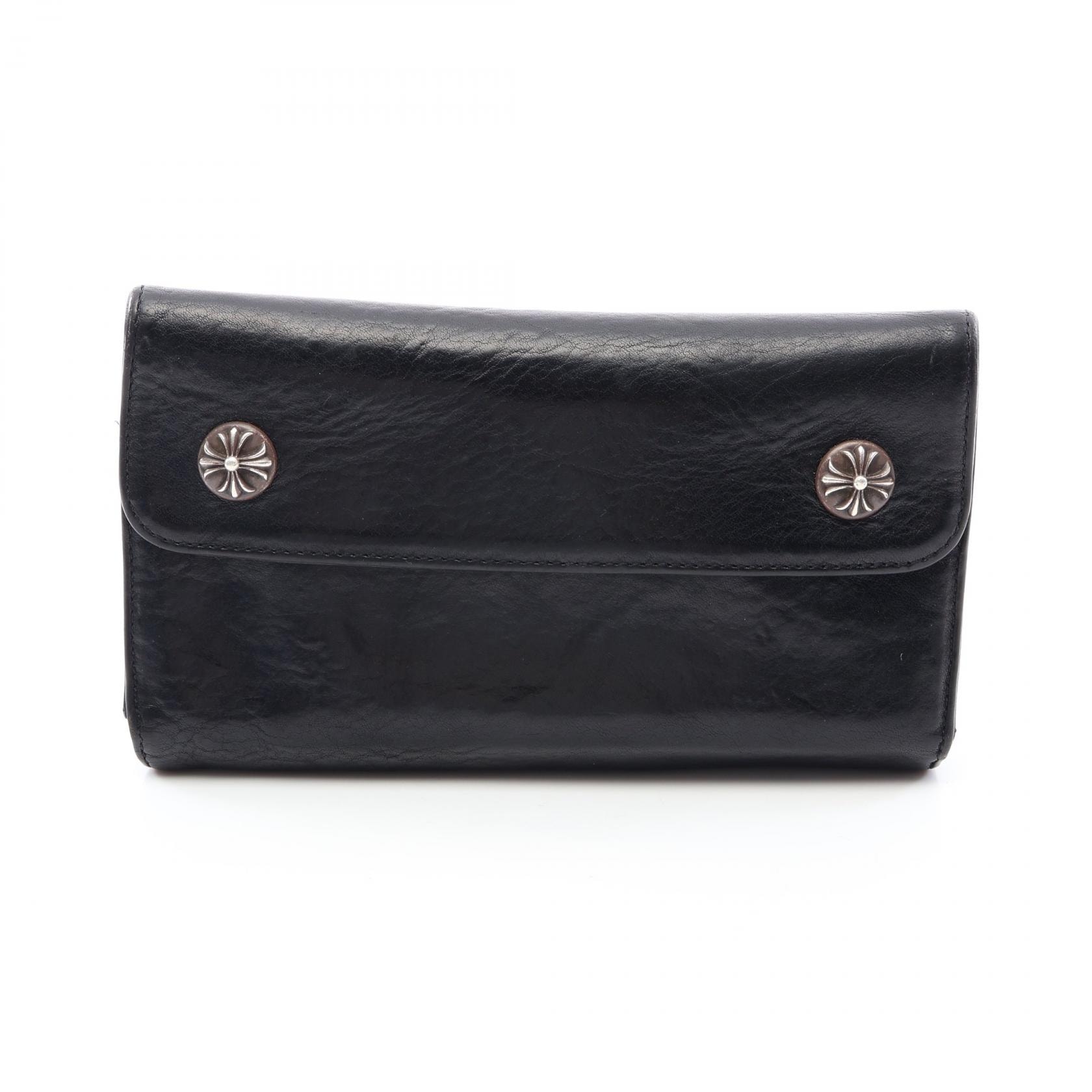 クロムハーツ CHROME HEARTS ウェーブウォレット クロスボタン 三つ折り長財布 財布 レザー メンズ ブラック系 【中古】