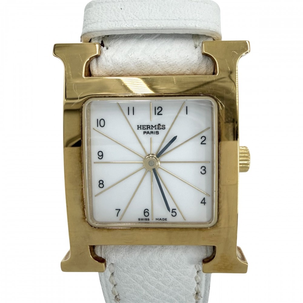HERMES エルメス 腕時計 Hウォッチ 電池式 ホワイト文字盤 H WATCH HH1.201 クオーツ レザー    ゴールド ホワイト 白 レディース 2007年【中古品】