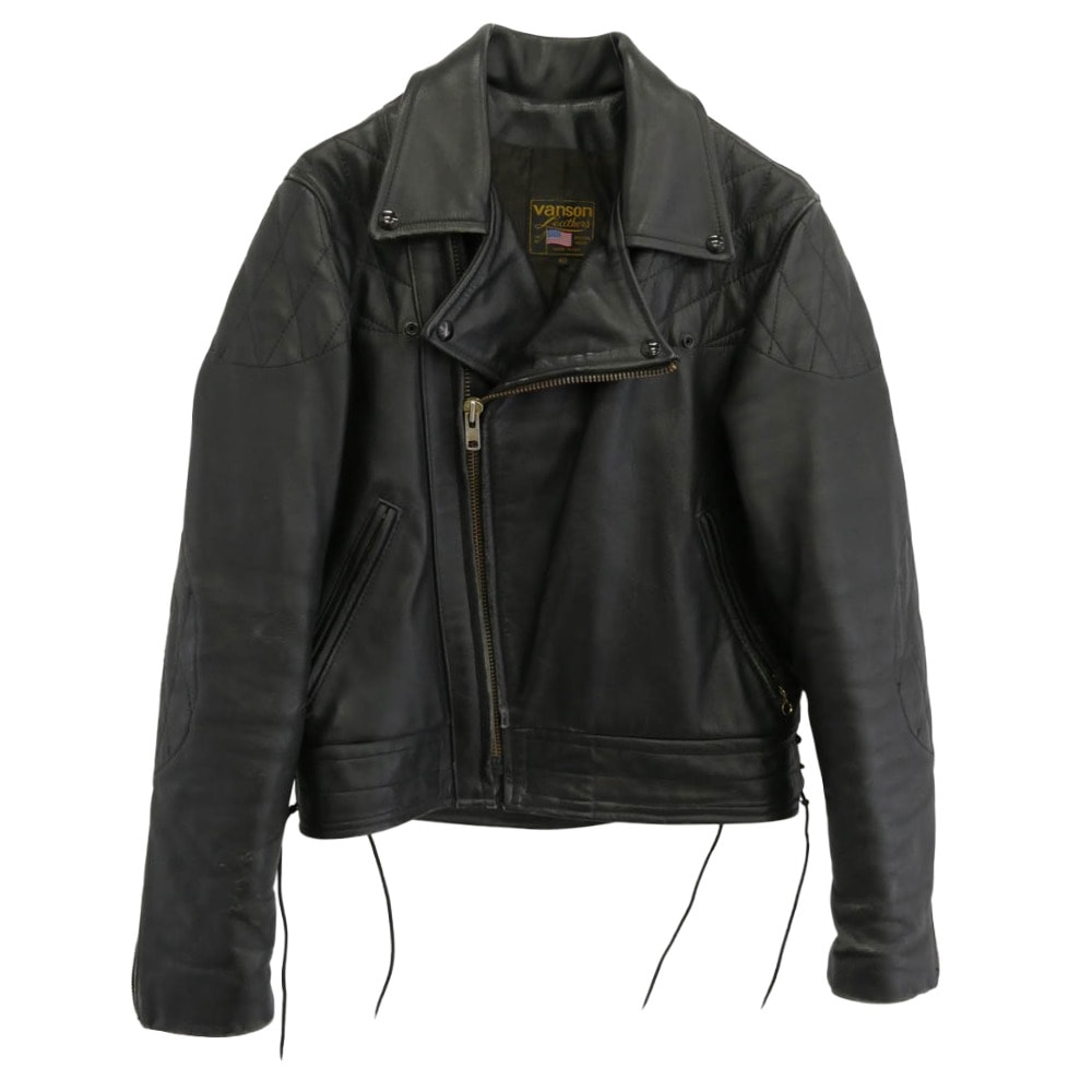 VANSON バンソン レザージャケット USA製 レザー パデッド ダブル ライダース ジャケット ブラック系 40【中古】