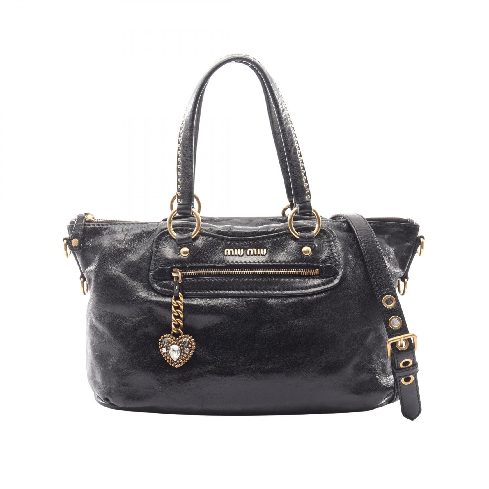 ミュウ ミュウ Miu Miu スタッズ 2WAY ハンドバッグ バッグ レザー レディース ブラック系 【中古】
