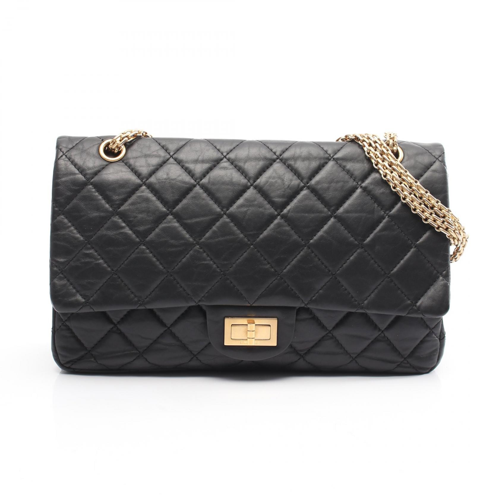 シャネル CHANEL 2.55 マトラッセ マキシ Wフラップ ショルダーバッグ バッグ カーフ(牛革) レディース ブラック系 【中古】