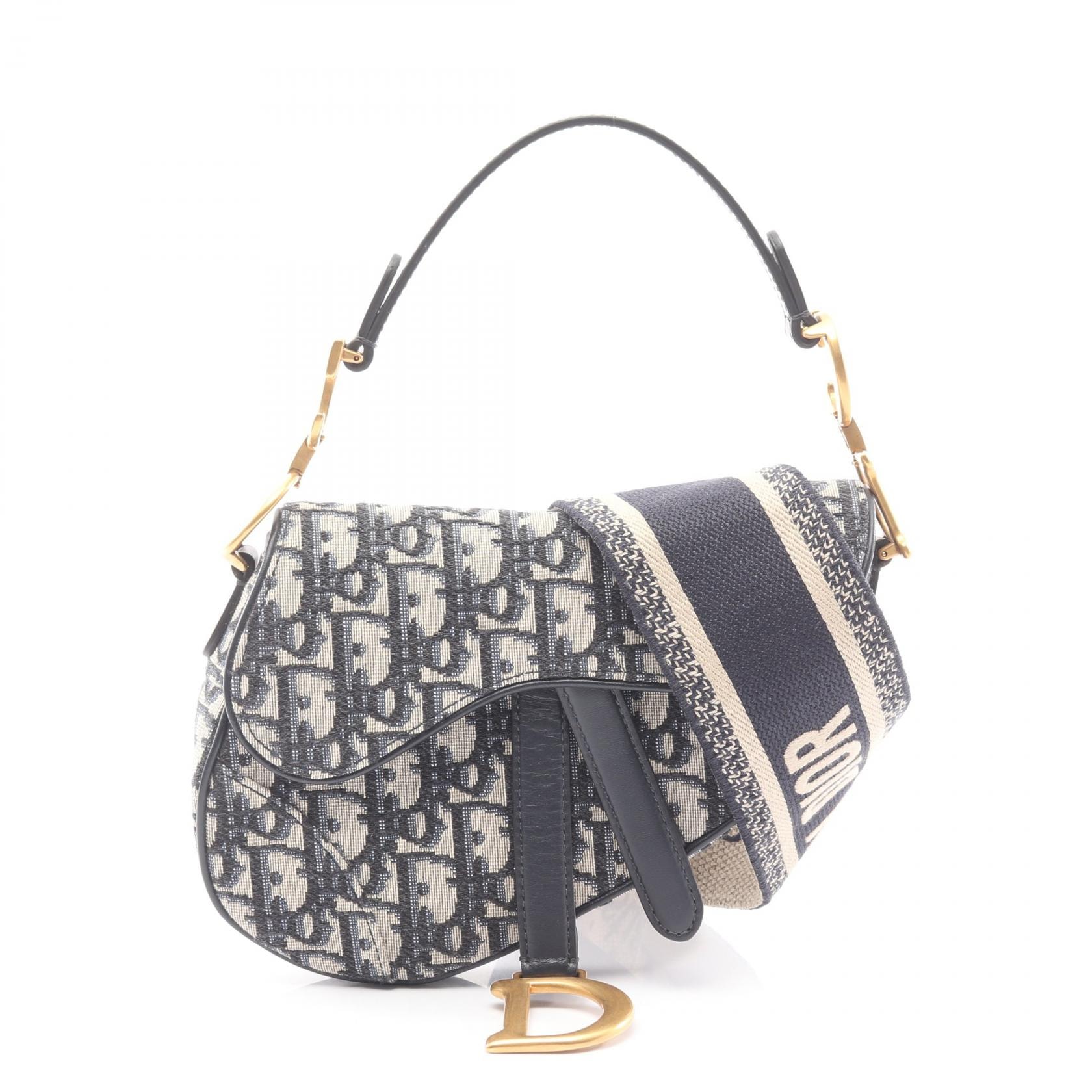 ディオール Dior サドルバッグ ミニ オブリークジャガード ハンドバッグ バッグ キャンバス レザー レディース ベージュ系 / ネイビー系 / ブラック系 【中古】