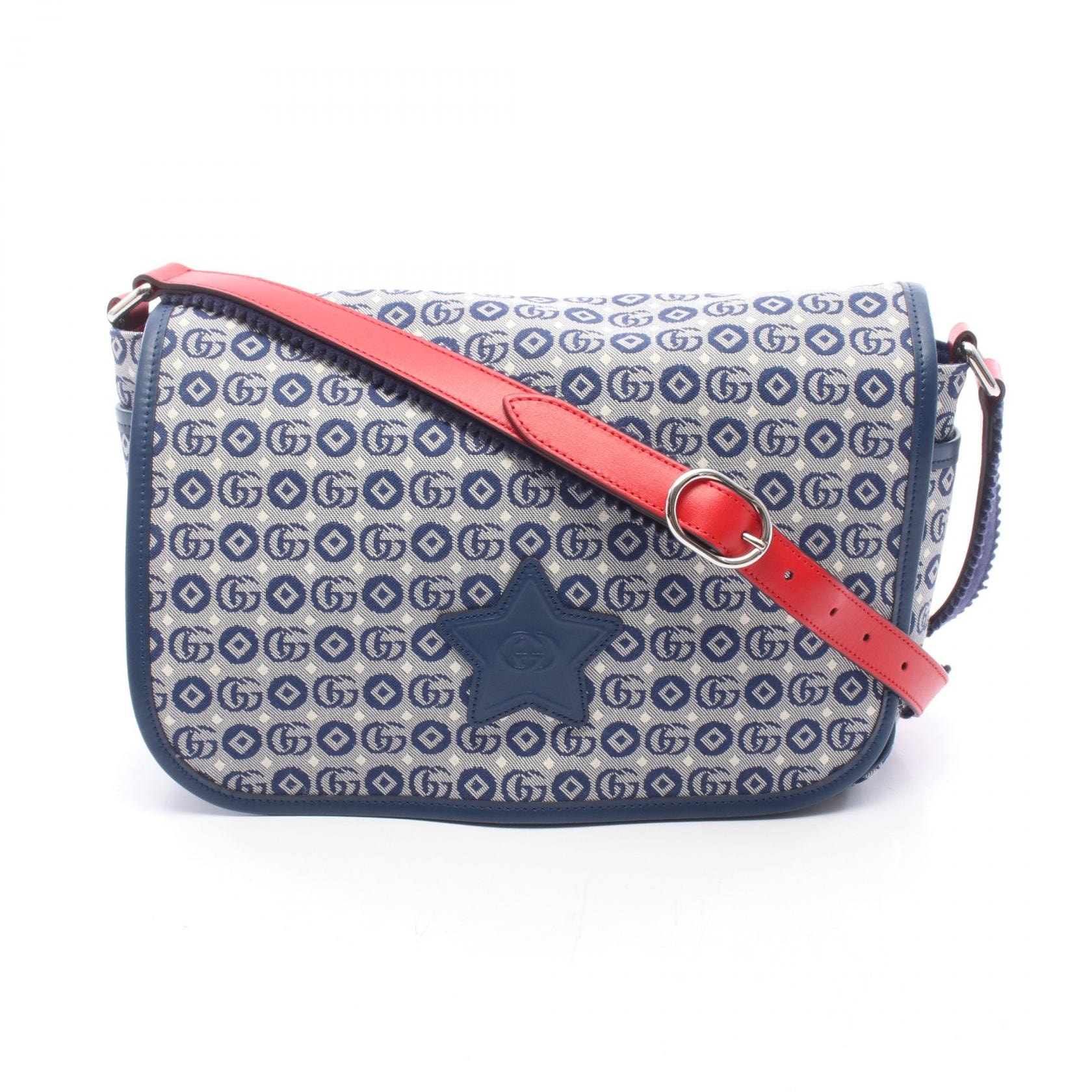 グッチ GUCCI チルドレンズ ダブルG ショルダーバッグ バッグ キャンバス レザー メンズ レディース ネイビー系 / グレー系 / レッド系 664143 【中古】