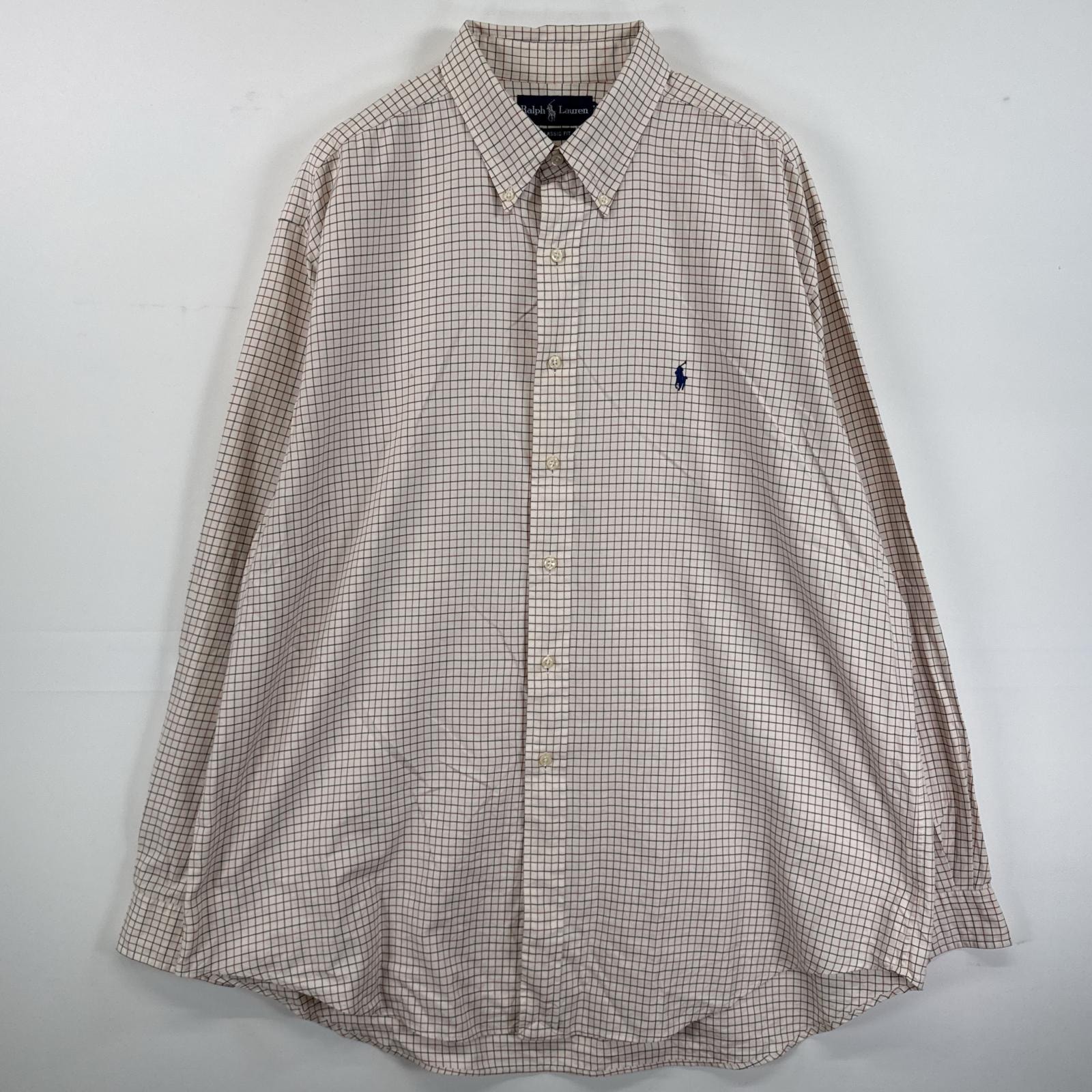 古着 ラルフローレン RALPH LAUREN 長袖シャツ ボタンダウンシャツ ワンポイント 刺繍 大きいサイズ 17 2/1 XL  ホワイト チェック メンズ