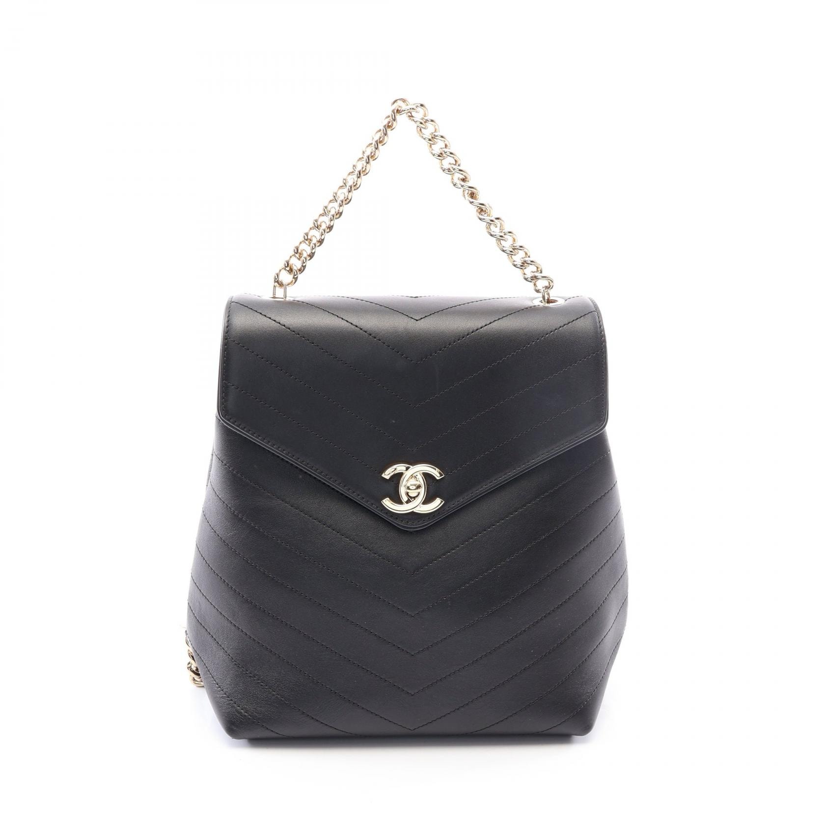 シャネル CHANEL Vステッチ リュックサック バックパック バッグ レザー レディース ブラック系 【中古】