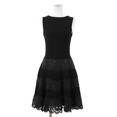 SALE【極美品】Valentino ヴァレンチノ ノースリーブドレス サイズ M レディース リブニット × フラワーレース ノースリーブワンピース ブラック 黒 イタリア製