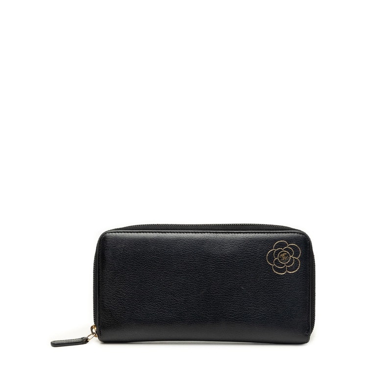 シャネル カメリア ココマーク ラウンドファスナー 長財布 A46506 ブラック ゴールド レザー レディース CHANEL 中古