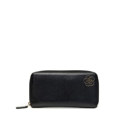 シャネル カメリア ココマーク ラウンドファスナー 長財布 A46506 ブラック ゴールド レザー レディース CHANEL 中古