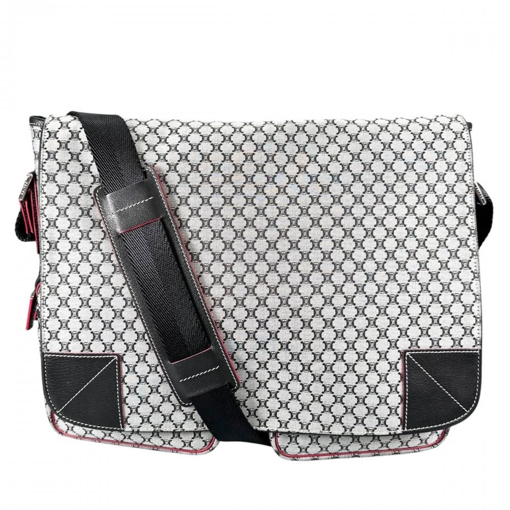 CELINE セリーヌ ショルダーバッグ マカダム メッセンジャーバッグ 斜め掛け キャンバス グレー シルバー金具 レディース【中古品】