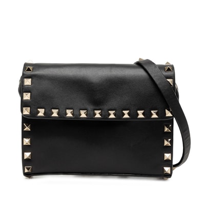 ヴァレンチノ ガラヴァーニ ロックスタッズ 斜め掛け ショルダーバッグ ブラック レザー メタル レディース Valentino 【中古】
