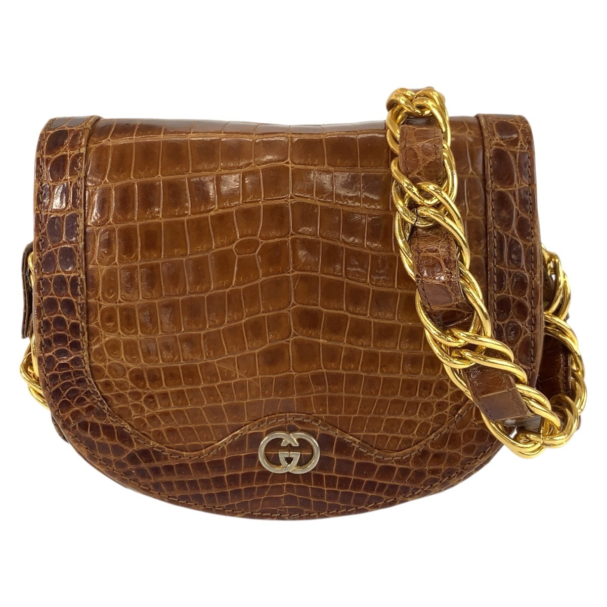 GUCCI グッチ ヴィンテージ インターロッキング ブラウン ゴールド金具 クロコダイル ショルダーバッグ ポシェット 603003 【中古】