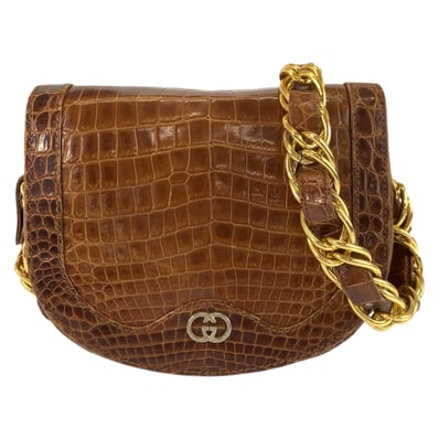 GUCCI グッチ ヴィンテージ インターロッキング ブラウン ゴールド金具 クロコダイル ショルダーバッグ ポシェット 603003 【中古】