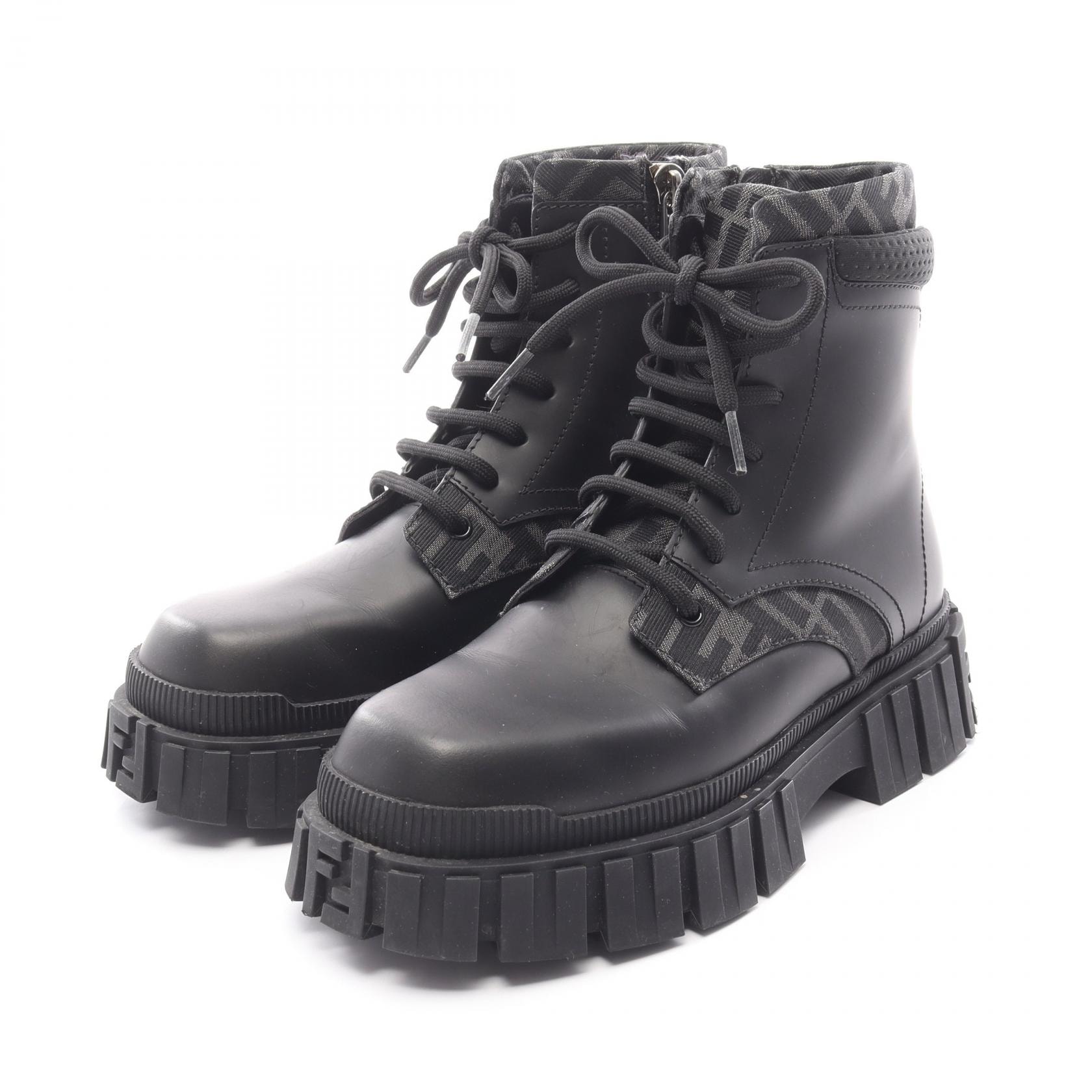 フェンディ FENDI フォース FF柄 サイドジップ ブーツ 靴 レザー キャンバス メンズ ブラック系 7U1458 【中古】