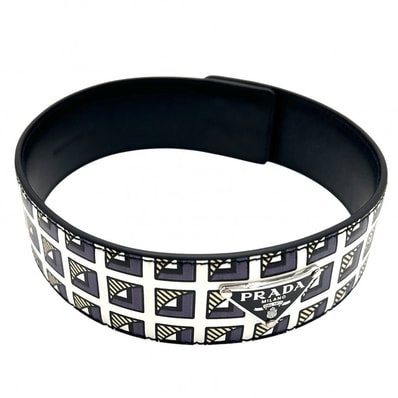 PRADA プラダ チョーカー トライアングルロゴ アクセサリー レザー 2IC046 ブラック 黒 ホワイト 白 シルバー金具 レディース 美品【中古品】