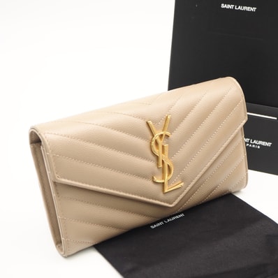 美品 SAINT LAURENT サンローラン カサンドラ マトラッセ ラージ フラップウォレット 372264 長財布 ベージュ カーフレザー レディース