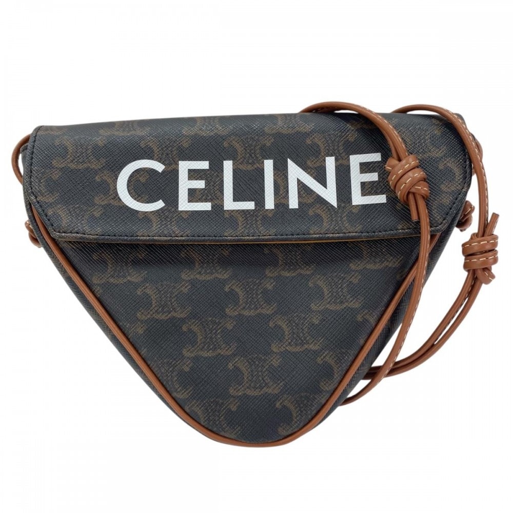 CELINE セリーヌ ショルダーバッグ 肩掛け 斜め掛け トリオンフ トライアングル ミニバッグ ロゴ プリント    ブラウン 茶 ホワイト 白 レディース【中古品】