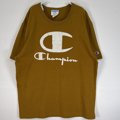 古着 チャンピオン Champion 半袖Tシャツ ワンポイント ロゴ クルーネック 厚手 LARGE イエロー系 無地 メンズ