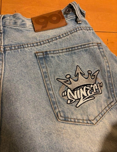 9090 King Logo Slub Denim Buggy Pants "Light Blue"