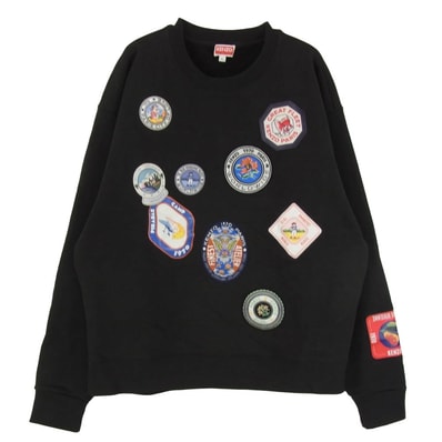 KENZO ケンゾー FD65SW0944ME トラベル パッチ ワッペン クルーネック スウェットシャツ トレーナー ブラック系 XL【中古】
