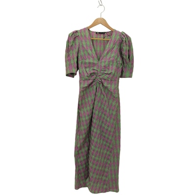 CHECK PRINT DRESS パフスリーブ Vネック ロングワンピース ドレス【1141162962382】