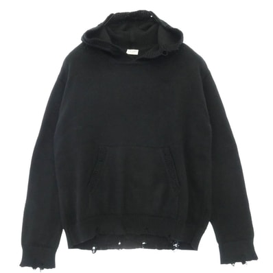 SAINT LAURENT サンローラン 712150 YALO2 ダメージ加工 デストロイ ニット プルオーバー フーディー パーカー ブラック系 XL【中古】