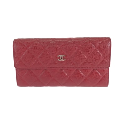 美品 CHANEL シャネル マトラッセ ココマーク レッド シルバー金具 キャビアスキン 長財布 ロングウォレット 603106 【中古】