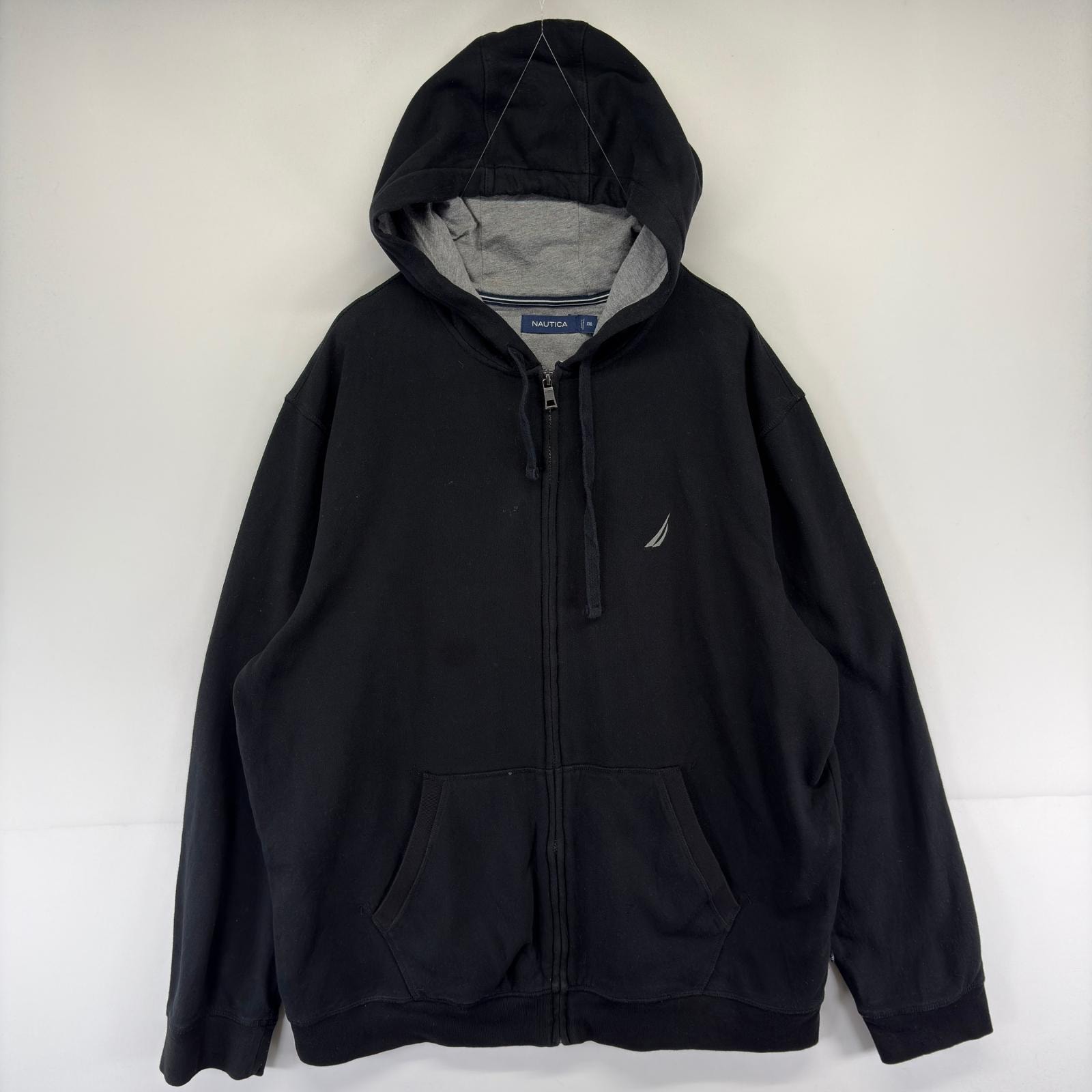 古着 ノーティカ NAUTICA パーカー フルジップ 大きいサイズ ワンポイントロゴ フード スウェット 2XL ブラック系 メンズ