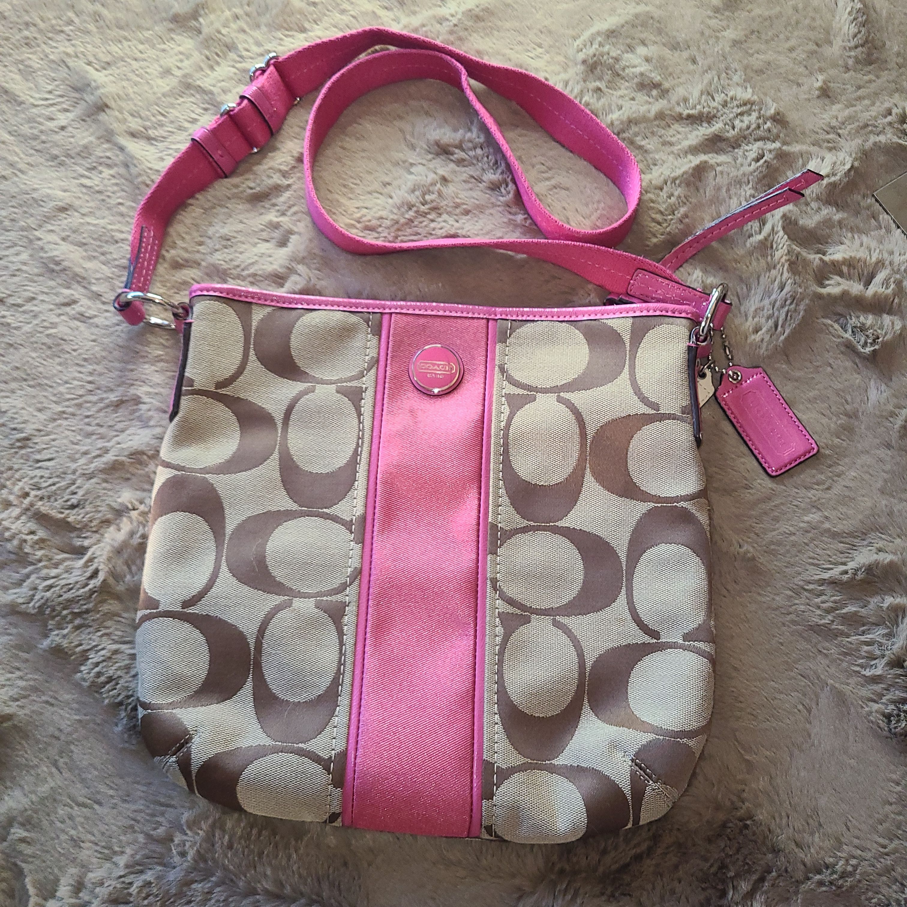 シグネチャーストライプショルダーバッグ キャンバスレザーピンク×ベージュ 