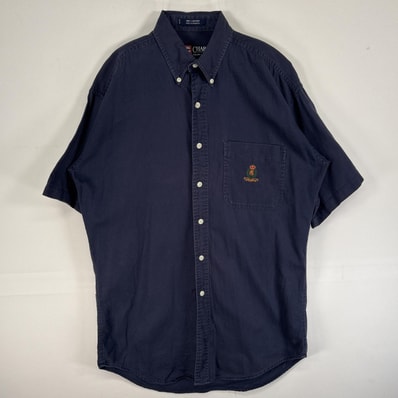 古着 90's/90年代 チャップスラルフローレン CHAPS RALPHLAUREN 半袖シャツ ロゴ 刺繍 ボタンダウン 胸ポケ S ネイビー 無地 メンズ