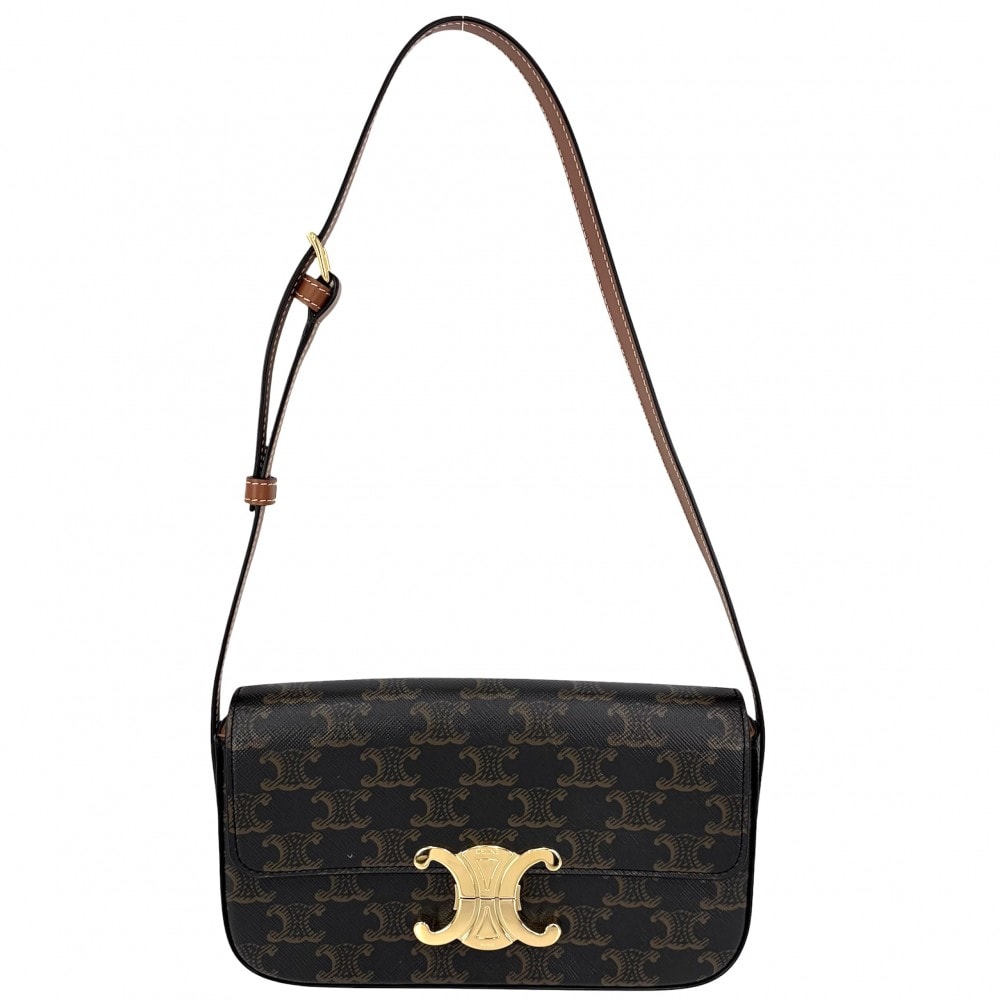 CELINE セリーヌ ショルダーバッグ トリオンフ クロード ミニバッグ 肩掛け PVCコーティングキャンバス  レザー   ブラウン 茶 ゴールド金具 レディース【中古品】