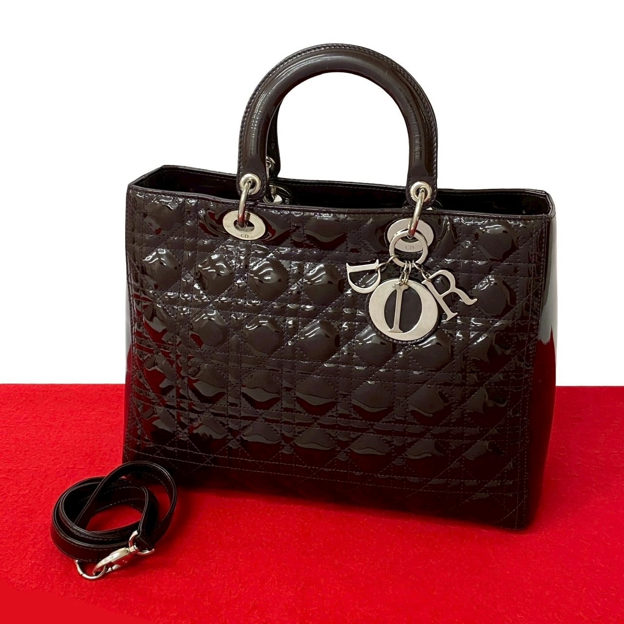 Christian Dior ディオール レディディオール カナージュ パテントレザー ショルダーバッグ ブラウン
 25058