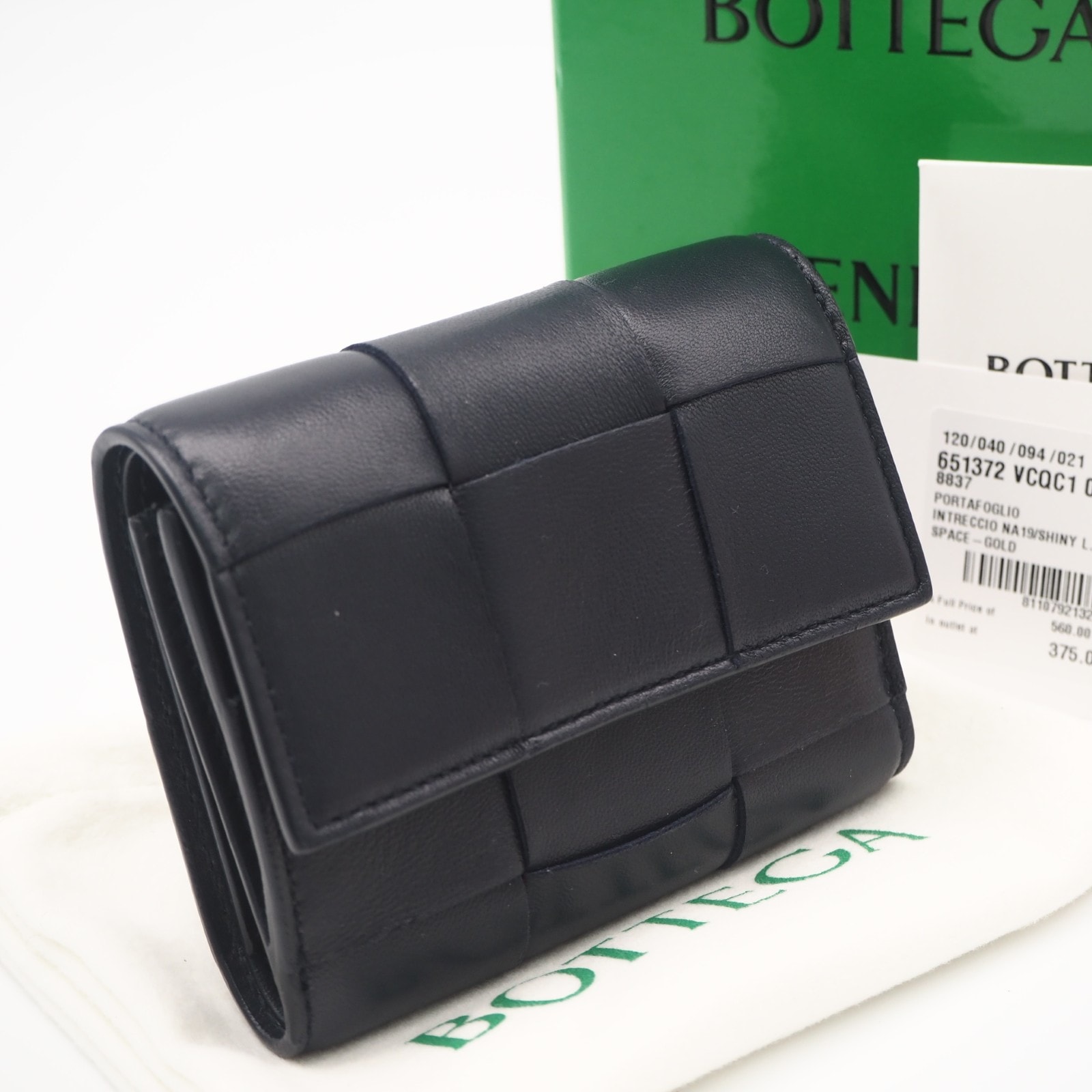 美品 BOTTEGAVENETA ボッテガヴェネタ カセット 三つ折り財布 651372 三つ折り財布 ネイビー ラムスキン レディース