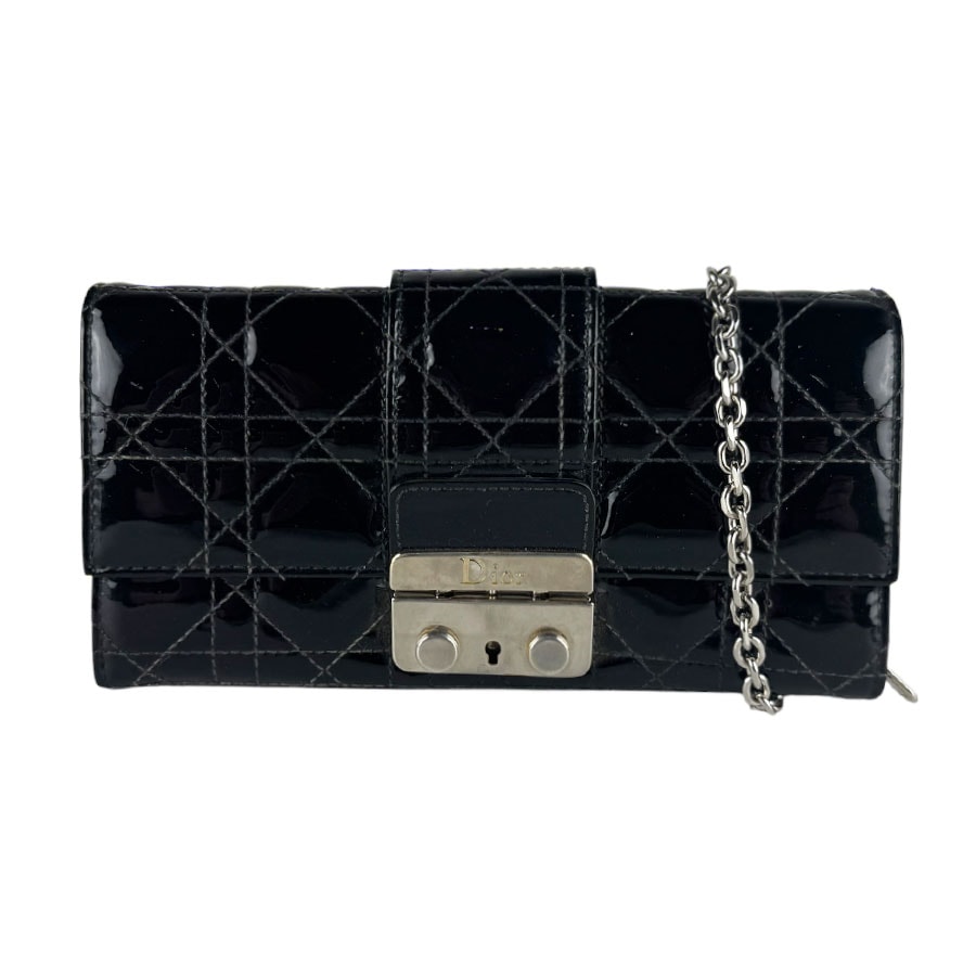 クリスチャンディオール Christian Dior 長財布 ニューロック チェーンウォレット パテントレザー/メタル ブラック/シルバー レディース【中古】 z10588