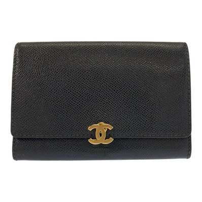 美品 CHANEL シャネル ココマーク ブラック 黒 ゴールド金具 レザー 折財布 コンパクトウォレット 602627 【中古】
