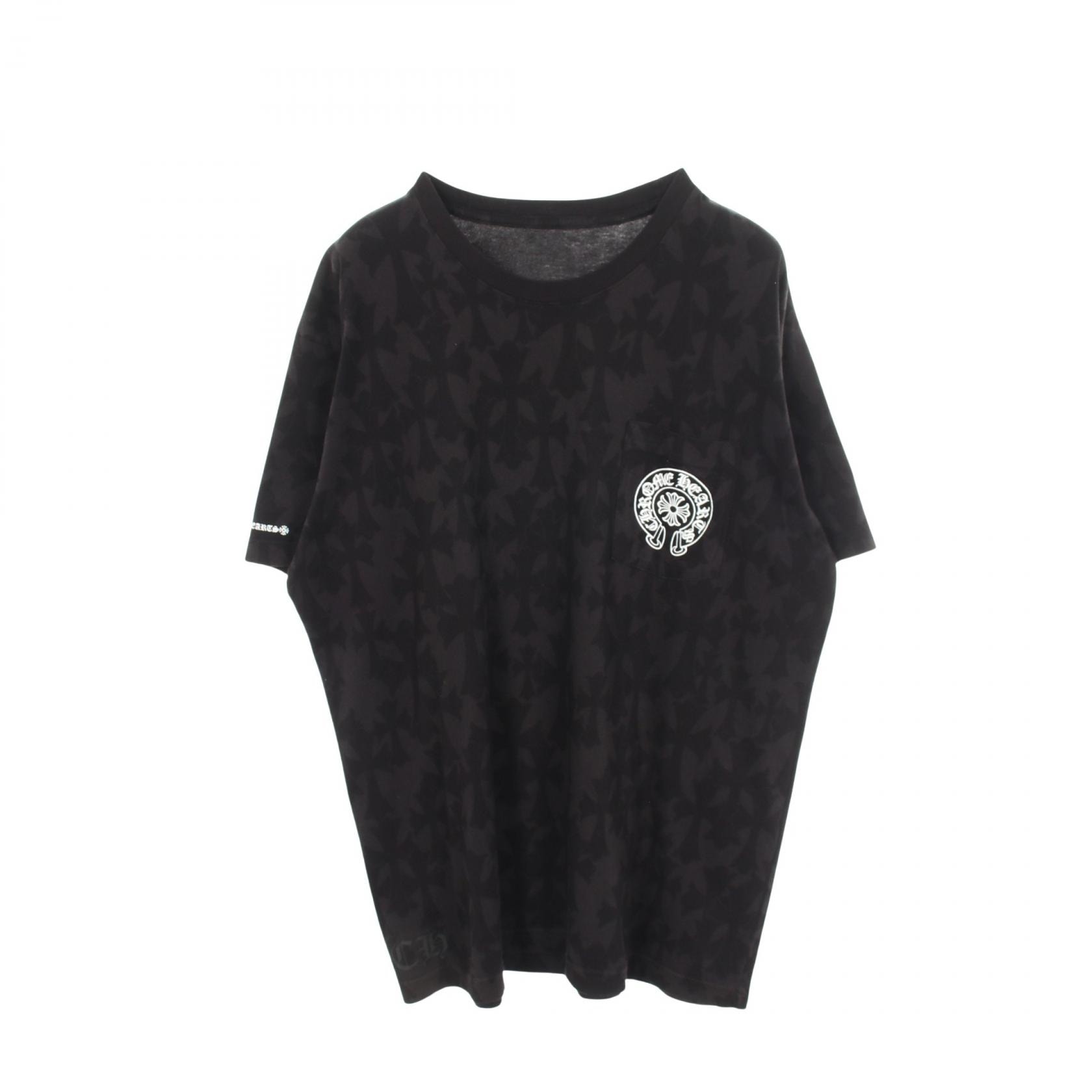 クロムハーツ CHROME HEARTS セメタリークロス 総柄 ホースシューポケット付き 半袖Tシャツ 衣料品 トップス コットン メンズ ブラック系 【中古】
