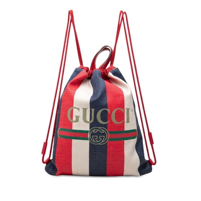 グッチ シェリーライン GGロゴ リュック バックパック 巾着 473872 ブルー レッド キャンバス レザー レディース GUCCI 中古