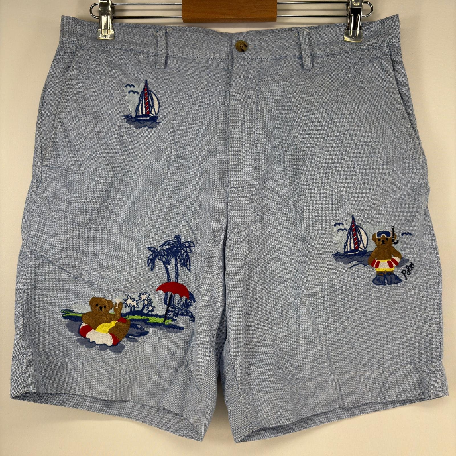 古着 ポロ・ラルフローレン POLO RALPH LAUREN ショートパンツ ポロベア 刺繍 両面刺繍 ハーフパンツ チノパン w33 水色 メンズ