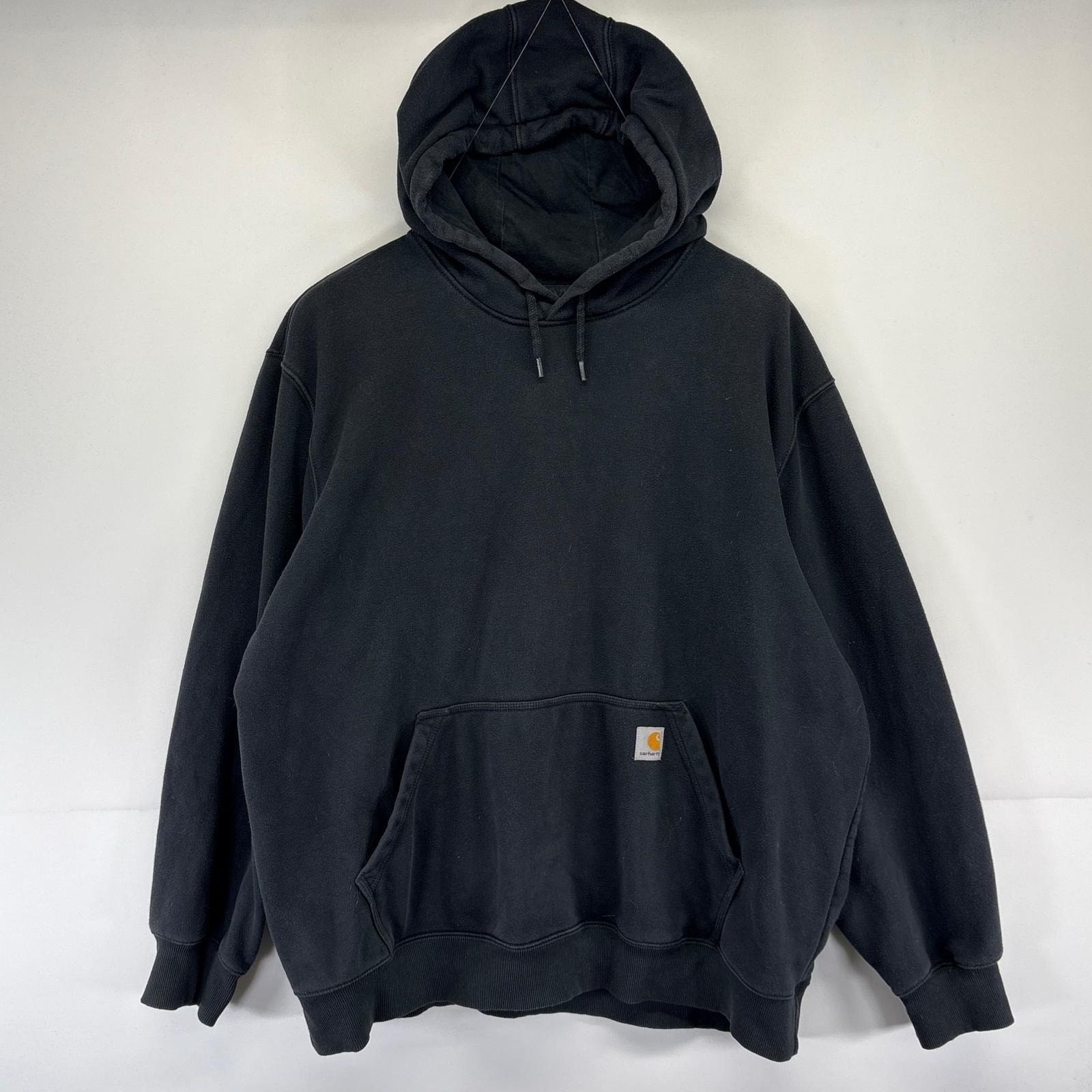 古着 カーハート Carhartt パーカー ワンポイント 大きいサイズ スウェット ロゴ プルオーバー  フーディ 2XL  ブラック系 メンズ