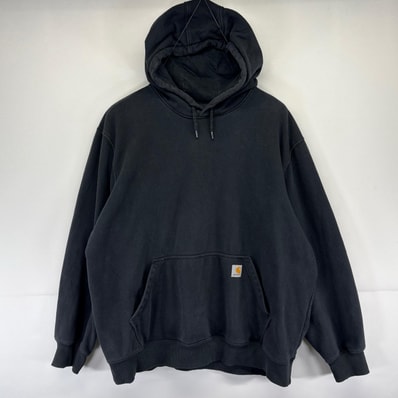 古着 カーハート Carhartt パーカー ワンポイント 大きいサイズ スウェット ロゴ プルオーバー フーディ 2XL ブラック系 メンズ