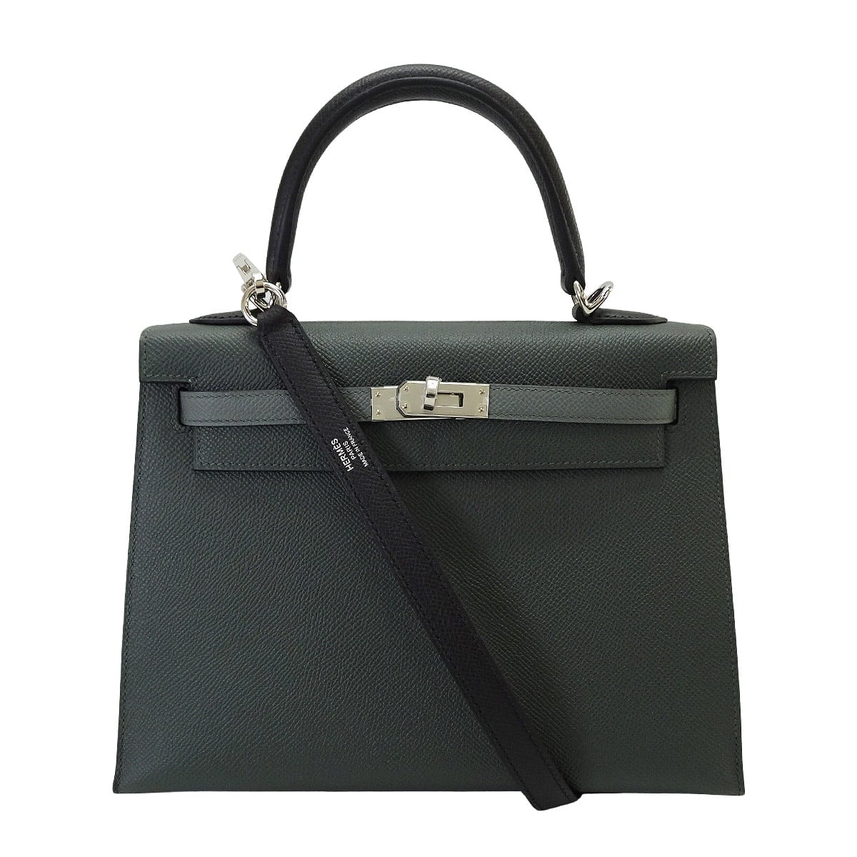 【恵比寿明治通り店】HERMES エルメス ショルダーバッグ ケリー25 外縫い トリコロール ヴェールマングローブ/ヴェールアマンド/黒 (ブラック) エプソン シルバー金具 K刻印 新品