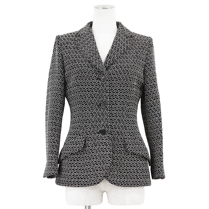 【美品】CHANEL BOUTIQUE シャネル ブティック ヴィンテージ テーラードジャケット サイズ 38 レディース 98P P10862 ツイード COCOマーク ナンバー刻印ボタン アウター 黒 白 総柄 フランス製 カール・ラガーフェルド期