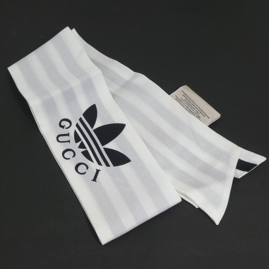 グッチ GUCCI スカーフ adidasコラボ シルク ホワイト×ブラック レディース【中古】 h31397a